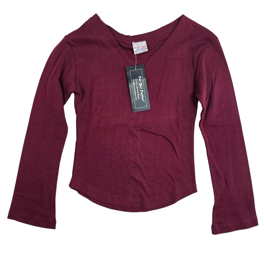 Far Out Fashion Womens Burgundy V-Neck Long Sleeve Ribbed Cotton Top Size M NWT‎